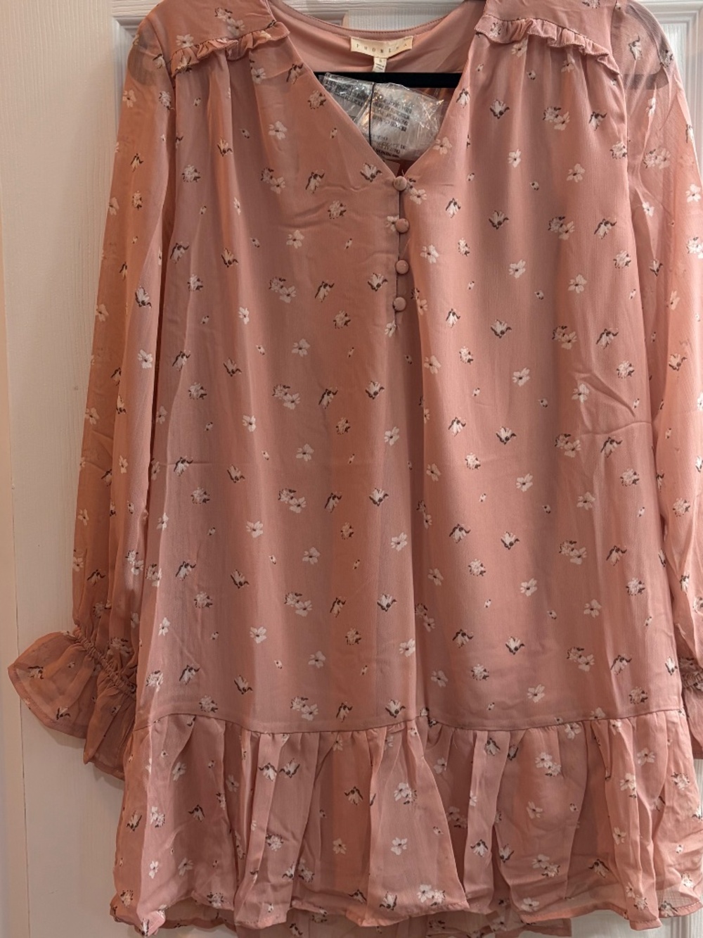 New Promesa Pink Floral Long Sleeve Mini Dress Women Small Boho Babydoll Flowy - Picture 4 of 6